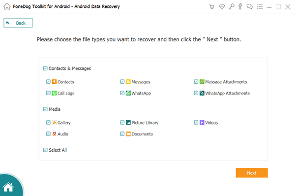 Seleccione el tipo de archivo para recuperar del teléfono LG