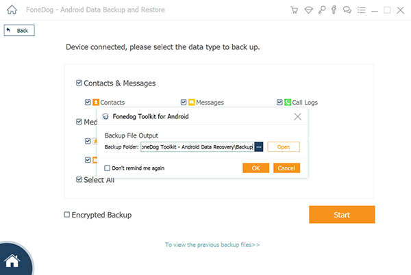 Copia de seguridad del dispositivo Android en la PC FoneDog Backup Elija los tipos de datos