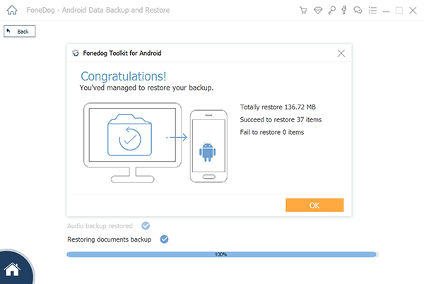 Copia de seguridad del dispositivo Android en PC FoneDog Finalización de restauración