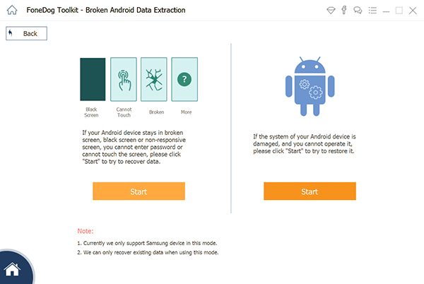 Seleccione una situación dada en la extracción de datos de Android rotos de FoneDog