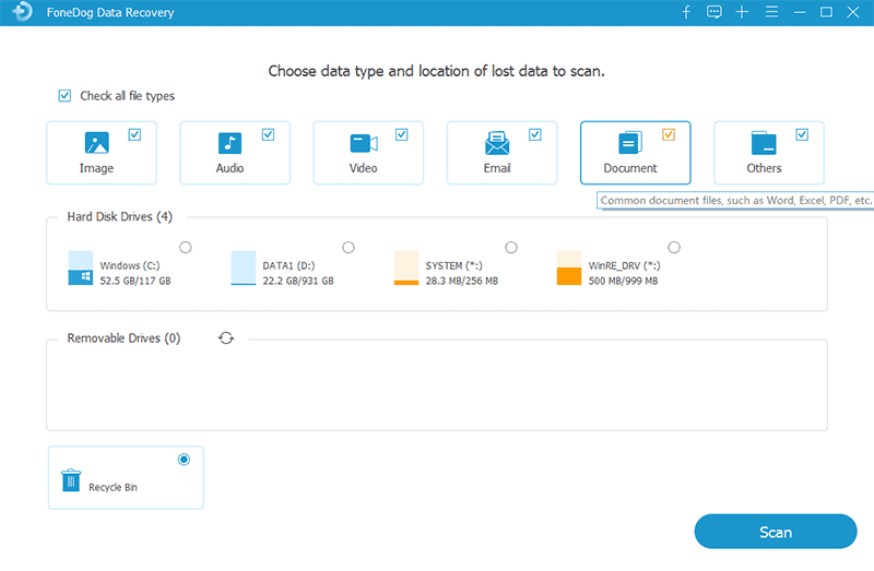 Recuperar archivo de PowerPoint no guardado: Recuperación de datos de FoneDog - Seleccione tipo de archivo