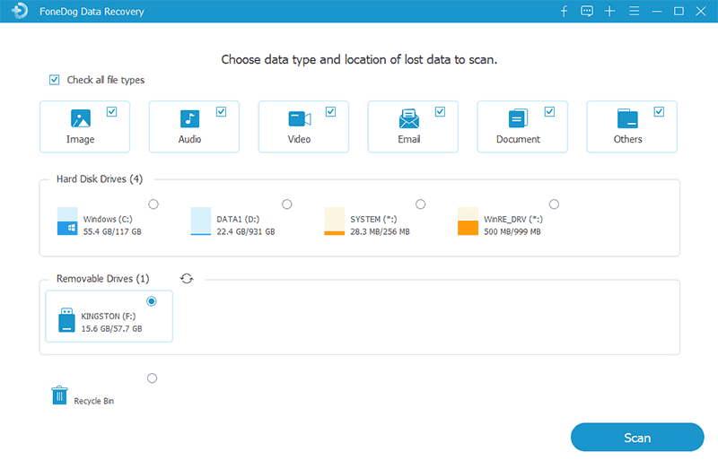 Recuperar archivos eliminados de USB: FoneDog Data Recovery - Seleccione unidad USB