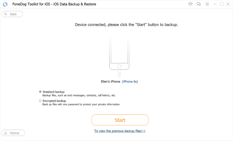 Copia de seguridad de mensajes de texto de iPhone usando FoneDog iOS Data Backup and Restore: Inicio
