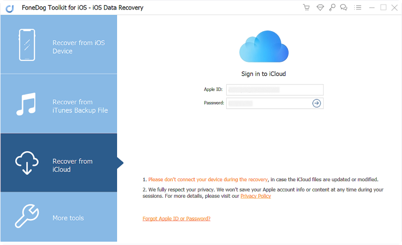 Ejecute FoneDog Toolkit- Recuperación de datos de iOS e inicie sesión en iCloud