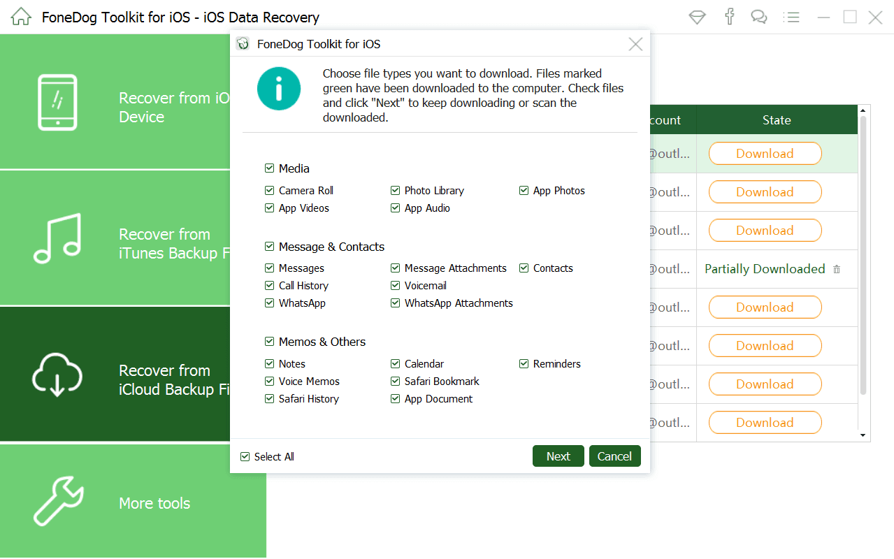 Seleccionar tipos de archivos de iCloud