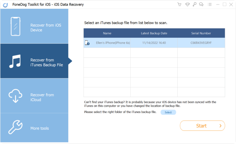 Iniciar FoneDog Toolkit- Recuperación de datos de iOS y seleccionar Recuperar de iTunes