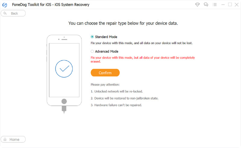 Resuelva el problema de "La pantalla táctil del iPad no responde": Recuperación del sistema FoneDog iOS - Elija el modo