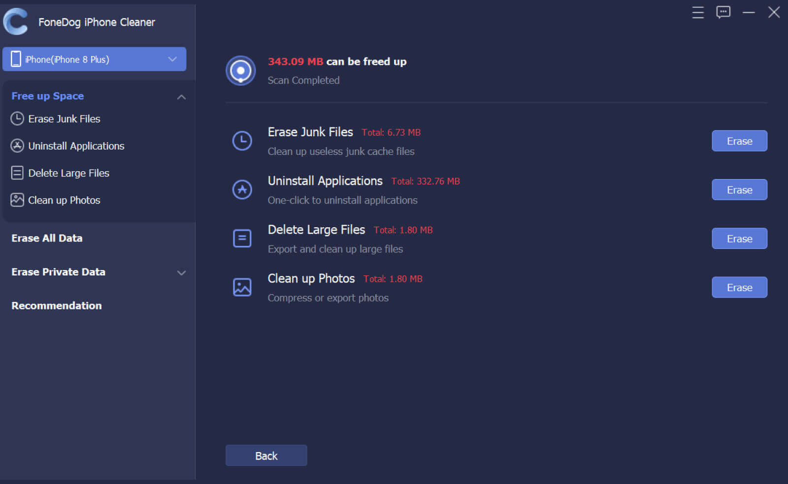 Escanear datos de iPhone en FoneDog iPhone Cleaner iPhone Eraser