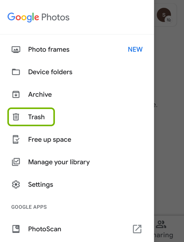 Bote de basura de Google Photos en un dispositivo Android