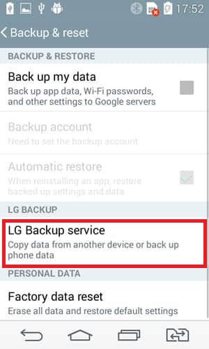 Haga clic en LG Backup Services para restaurar mensajes