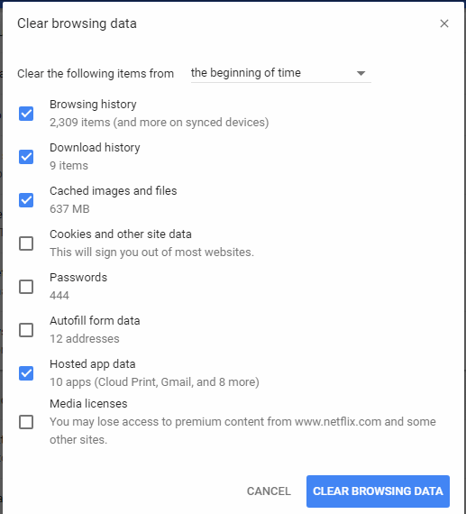 Pantalla de datos de navegación de Chrome Clear