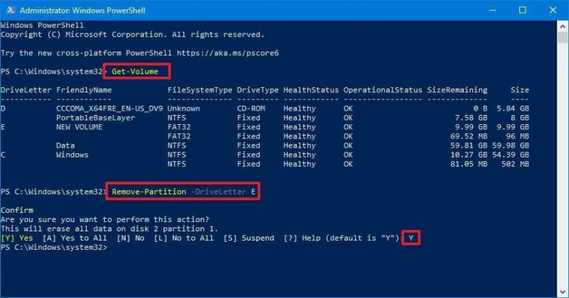 Windows Eliminar partición usando Windows PowerShell