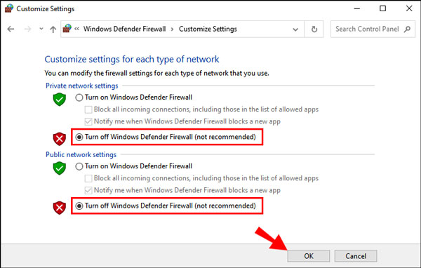 Marque Desactivar el Firewall de Windows Defender