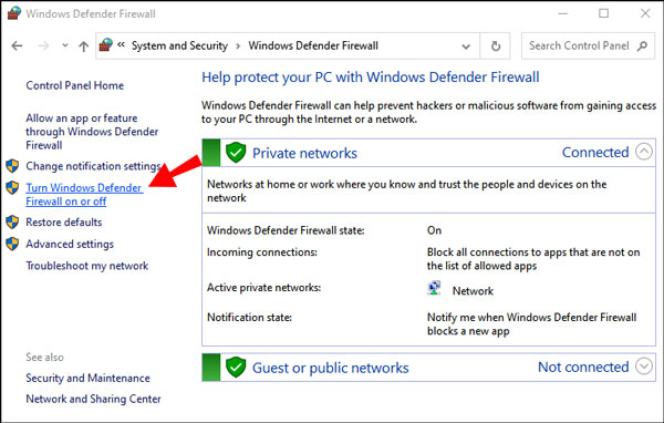 Haga clic en Activar o desactivar el Firewall de Windows Defender