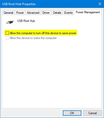 Configure el concentrador raíz USB para reparar el dispositivo USB que funciona mal en Windows 10