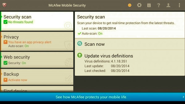 Herramienta de eliminación de virus de Android - McAfee Mobile Security