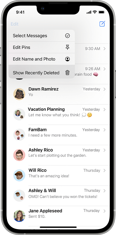Mostrar mensajes eliminados recientemente para recuperar conversaciones eliminadas en iPhone