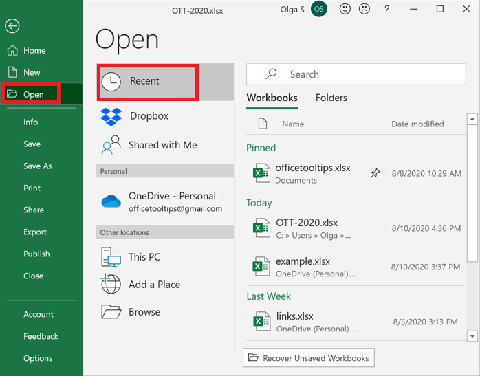 Recuperar archivos de Excel no guardados en Windows desde archivos recientes