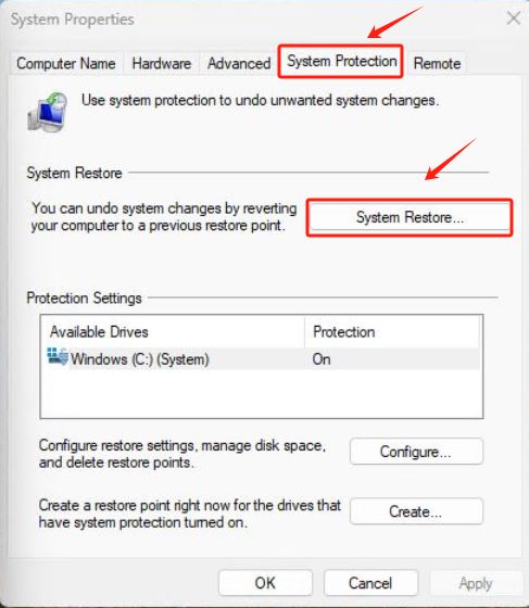 Restaurar archivos EXE perdidos mediante Restaurar sistema en Windows