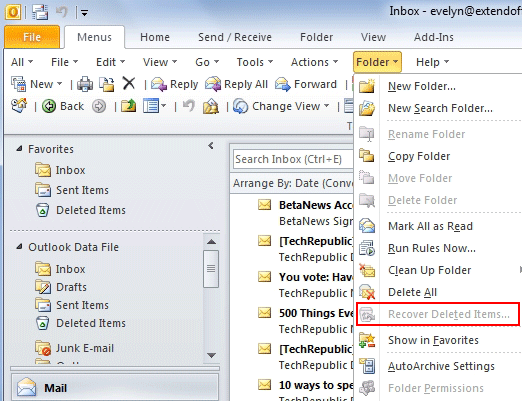 Recuperar correo electrónico eliminado Outlook 2010