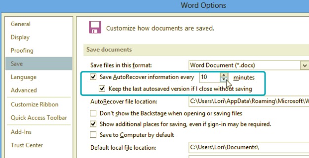 Active el guardado automático en MS Word 2013 para evitar cerrar Word sin guardar