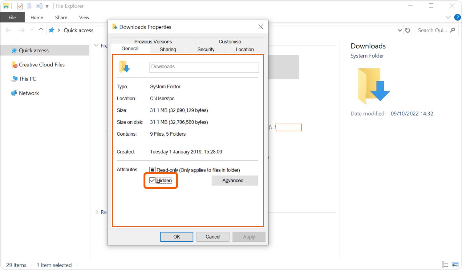 Mostrar archivo en Windows 10