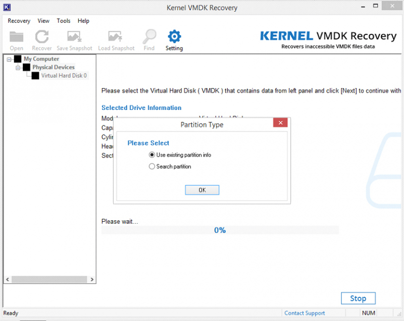 Usar la información de partición existente por recuperación de VMDK del kernel