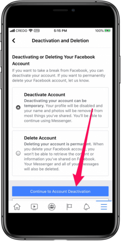 Elija Continuar con la desactivación de la cuenta después de desactivar la cuenta en Facebook