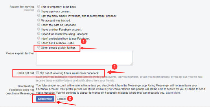 Haga clic en Desactivar para eliminar Facebook pero mantener Messenger