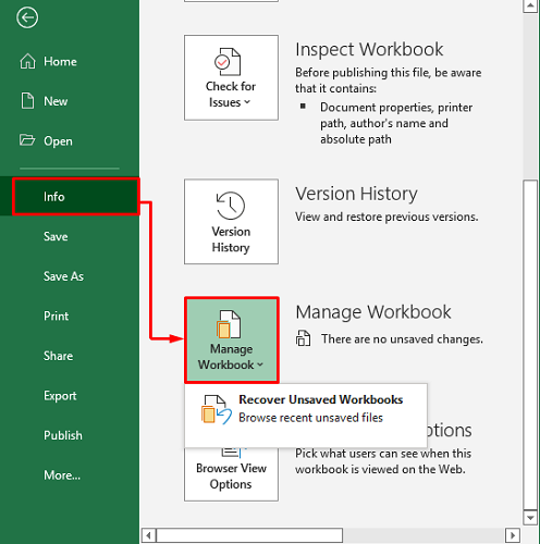 Recuperar la versión anterior del archivo de Excel usando Administrar libro de trabajo