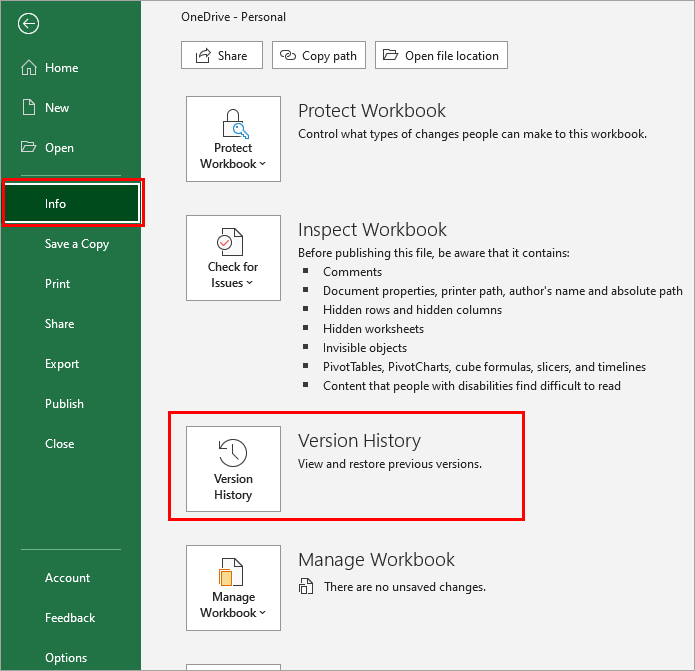 Recuperar la versión anterior del archivo de Excel usando el historial de versiones en Excel