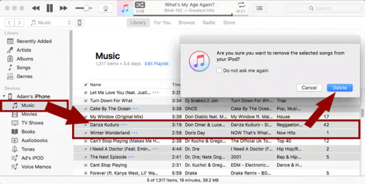 ¿Cómo elimino canciones del iPod en iTunes manualmente?