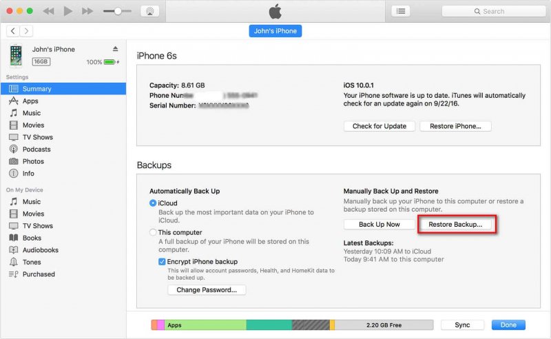 iTunes Restore Backup para recuperar conversaciones eliminadas en iPhone