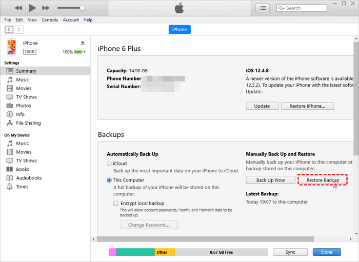 Deshacer notas eliminadas en iPhone restaurando desde el archivo de copia de seguridad de iTunes