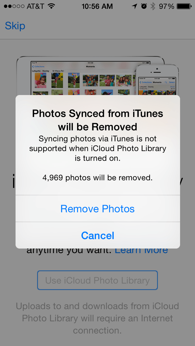 Se eliminarán las fotos sincronizadas desde iTunes
