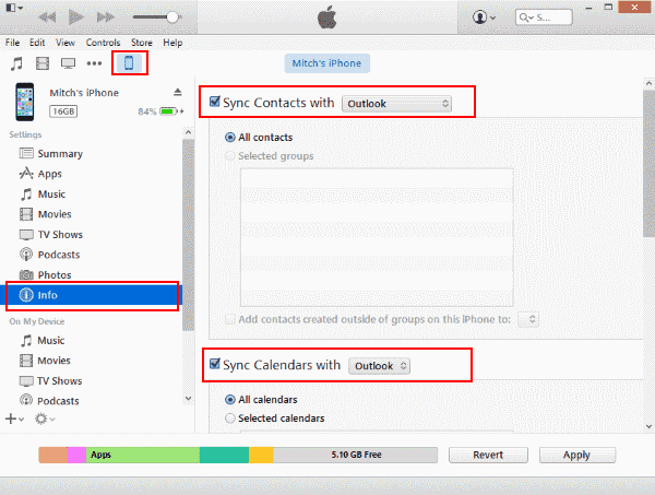 Transferir contactos de Outlook a iPhone usando iTunes