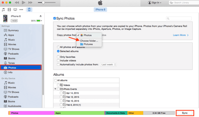 Transfiere fotos de Samsung a iPhone usando iTunes