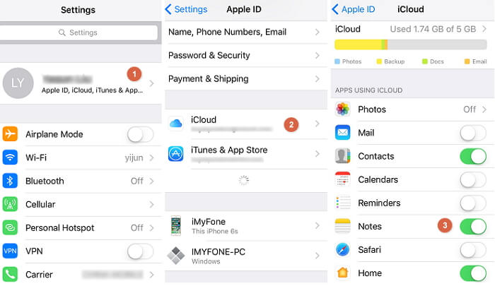 Active la configuración de iCloud para transferir contactos de un iPhone a una PC