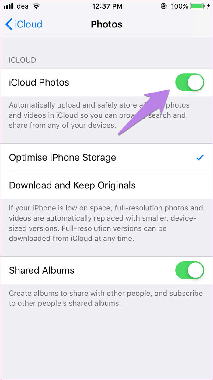 Apague la biblioteca de fotos de iCloud cuando la captura de imágenes no muestre todas las fotos