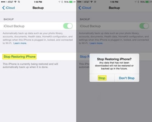 Deje de restaurar inmediatamente para solucionarlo "Puede instalar esta actualización cuando su iPhone haya terminado de restaurar desde la copia de seguridad de iCloud".