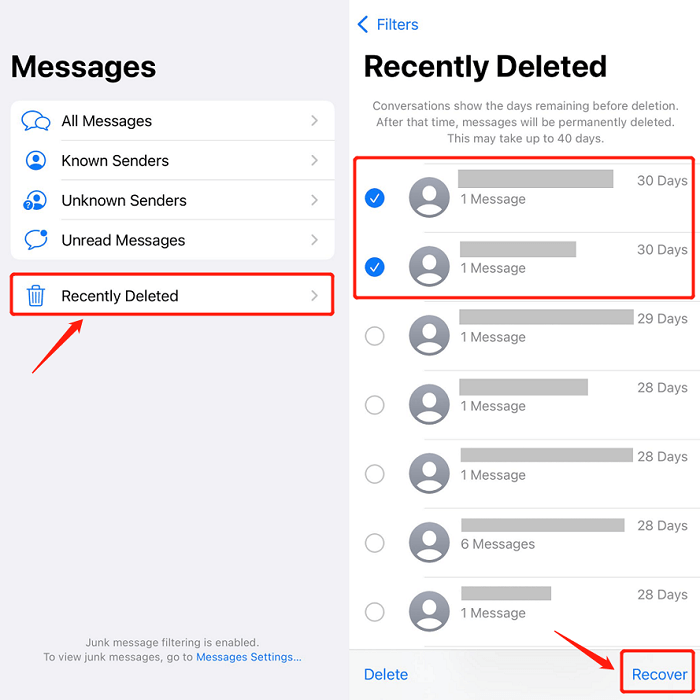 Recupere mensajes de texto eliminados permanentemente en iPhone usando la carpeta eliminada recientemente