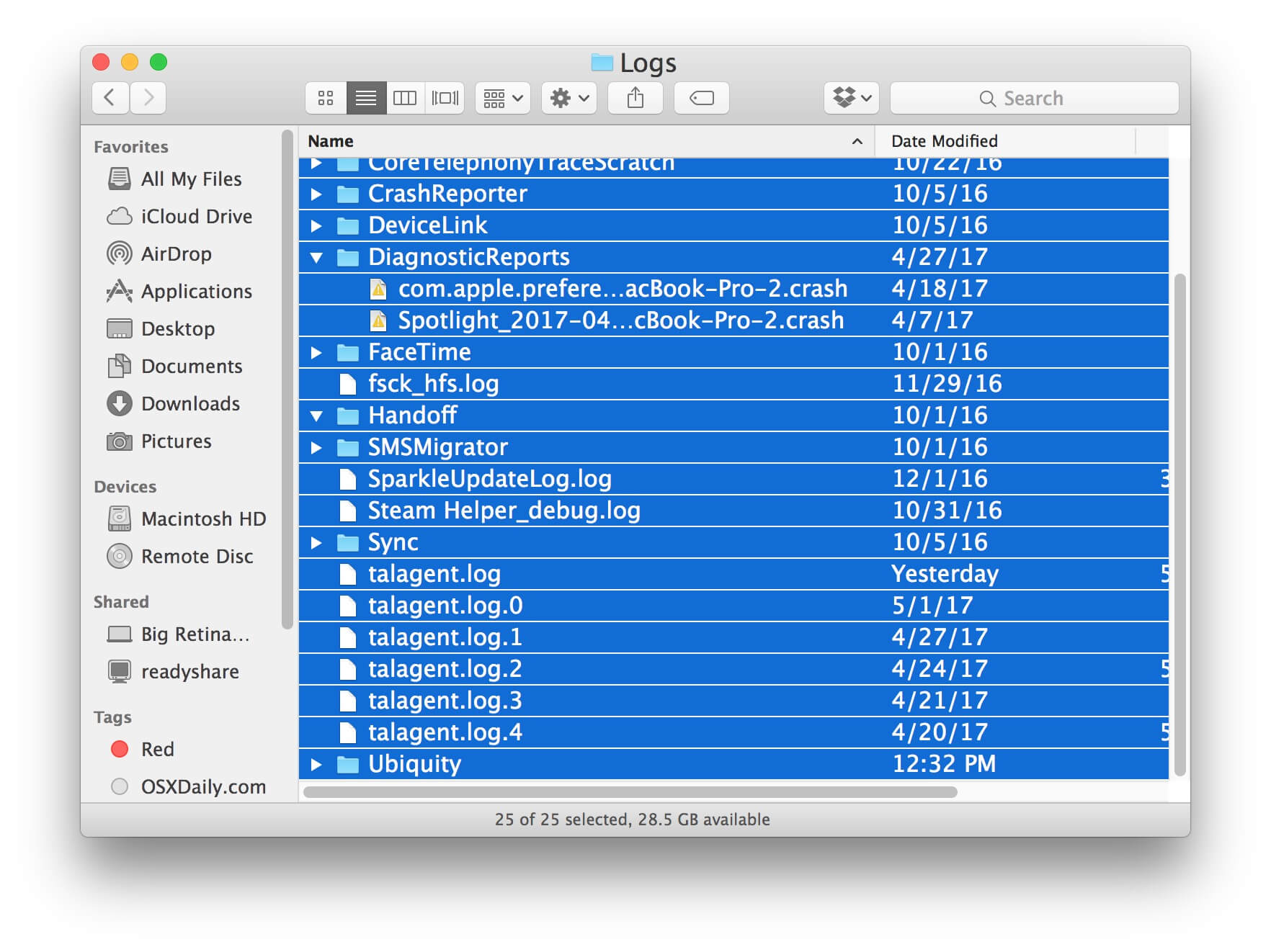 Seleccionar todos los registros y eliminar Mac