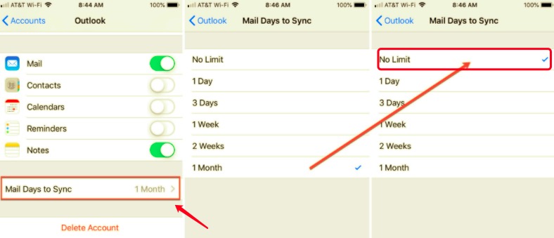 Verifique los días de correo para sincronizar la configuración para corregir el problema de Hotmail que no funciona en el iPhone