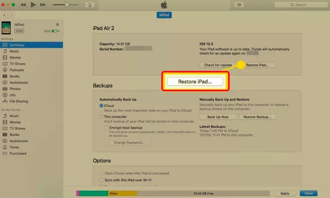 Restablecer iPad sin contraseña de iCloud a través de iTunes