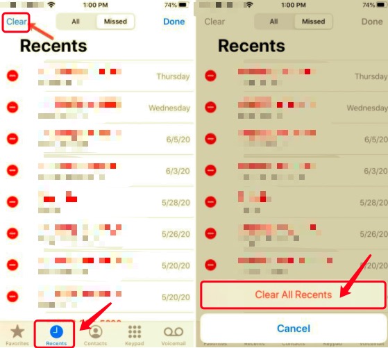 Eliminar llamadas recientes de iPhone