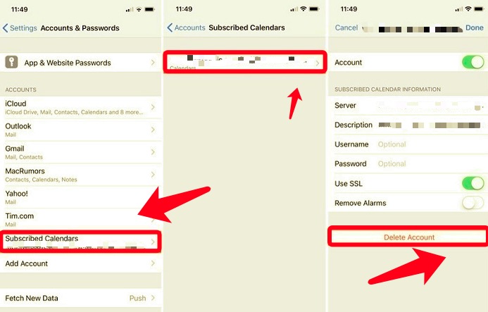 Eliminar eventos de calendario suscritos a través de la configuración en iPhone
