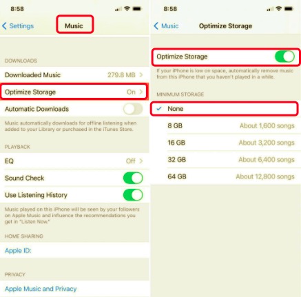 Optimice el almacenamiento para descargas de música para eliminar el almacenamiento del sistema en iPhone