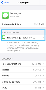 Verificar mensajes Archivos adjuntos grandes para reparar el iPhone dice que no hay suficiente almacenamiento, pero lo hay