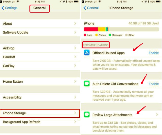 Observe las recomendaciones de almacenamiento para eliminar el almacenamiento del sistema en el iPhone