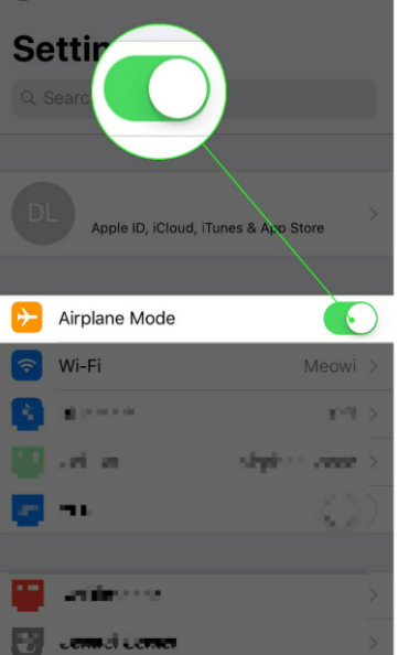Activar el modo avión para resolver Mover a iOS Transferencia interrumpida